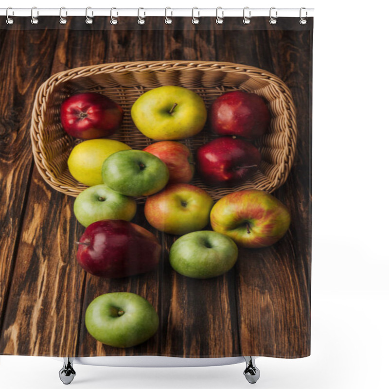 Personality  Wicker Basket With Scattered Ripe Apples On Rustic Wooden Table Shower Curtains