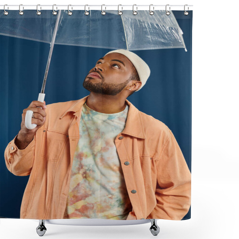 Personality  Stylish Man Holds Clear Umbrella On Blue Backdrop. Shower Curtains