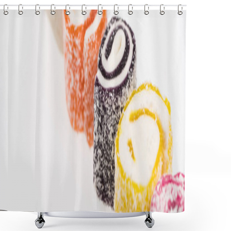 Personality  Assorted Delicious Turkish Delight In Coconut Flakes Isolated On White, Panoramic Shot Shower Curtains