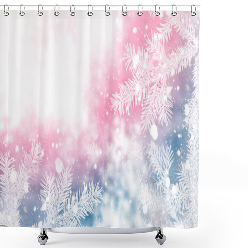 Personality  Happy New Year And Merry Christmas! Frozen Winter Forest With Snow Covered Trees. Coniferous Spruce Branch. Outdoor Shower Curtains