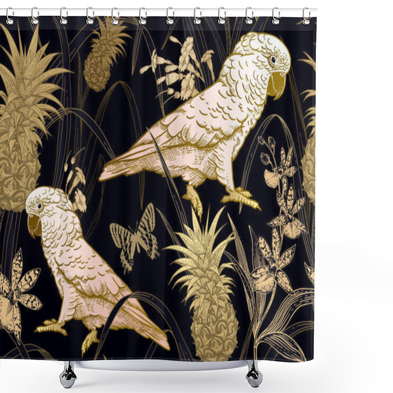 Personality  Seamless Black Background With Gold Parrot, Flowers, Butterfly A Shower Curtains