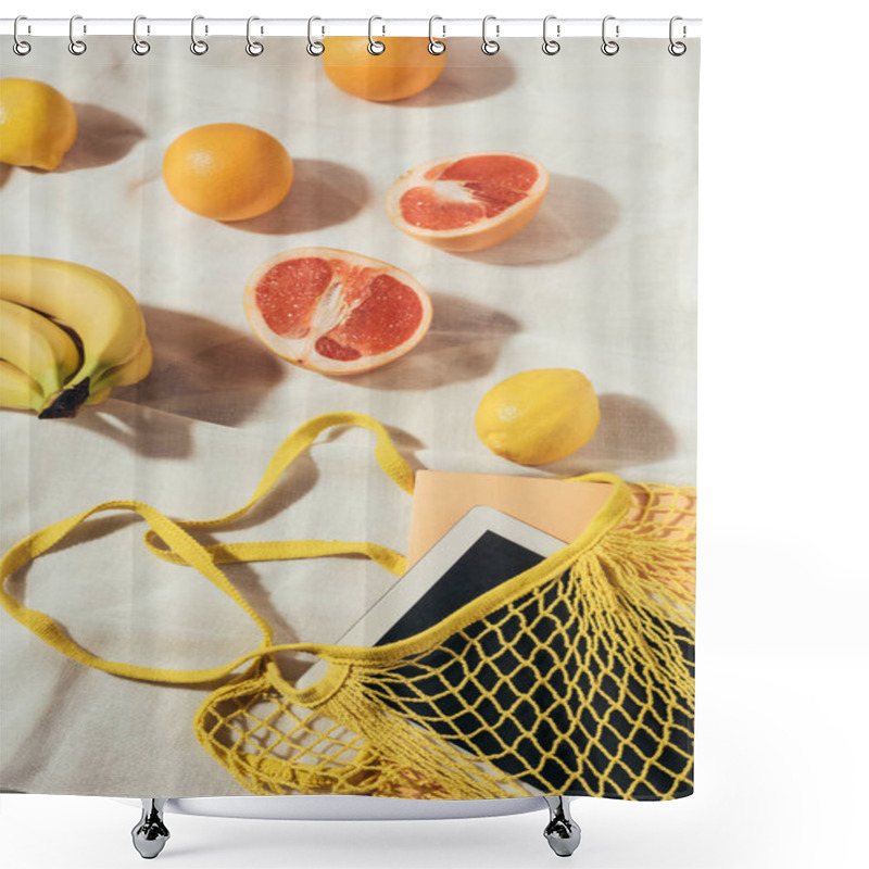 Personality  Digital Tablet In Yellow String Bag And Fresh Ripe Tropical Fruits   Shower Curtains