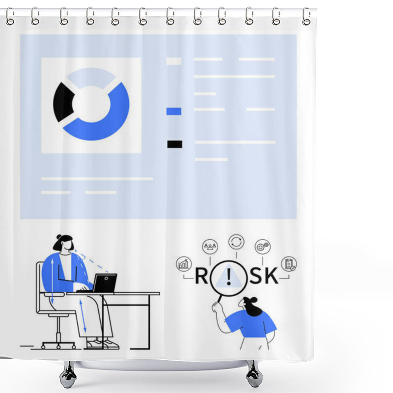 Personality  Woman Working At Desk Analyzing Data On Laptop, Large Pie Chart And Bar Graph Projections, Magnifying Glass On Risk Icon. Ideal For Business, Data, Research, Risk Management, Tech, Decision-making Shower Curtains