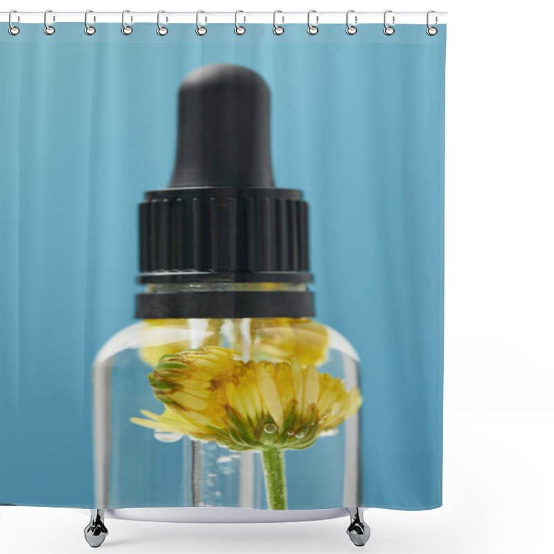 Personality  Close Up Of Organic Beauty Product With Dandelions And Dropper Isolated On Blue Shower Curtains