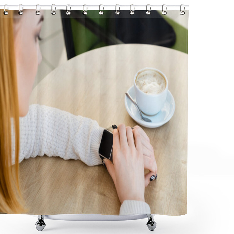 Personality  Girl Wearing Watch, Cup Of Coffee On Table Shower Curtains