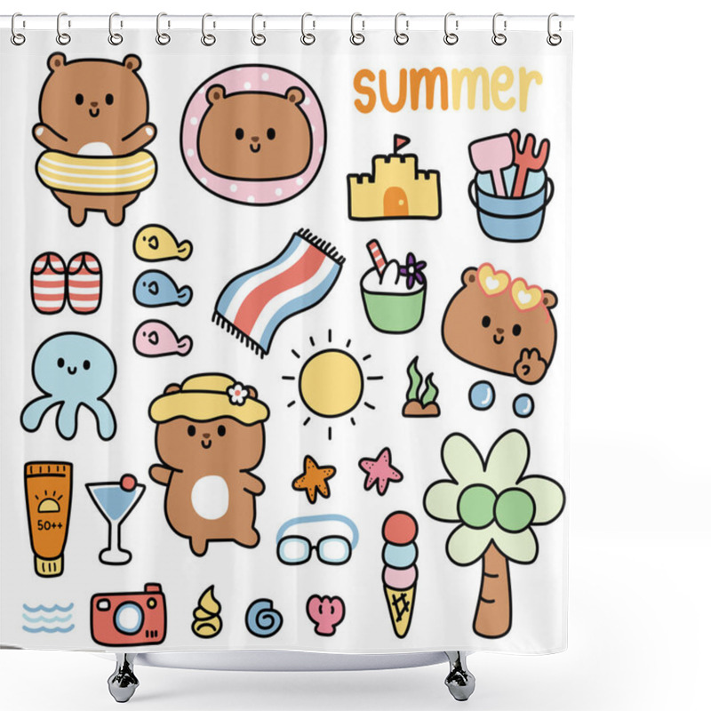 Personality  Set Of Cute Teddy Bear In Summer Concept.Sea And Beach.Tiny Icon.Animal Character Cartoon Design.Coconut Tree.Kawaii.Vector.Illustration. Shower Curtains