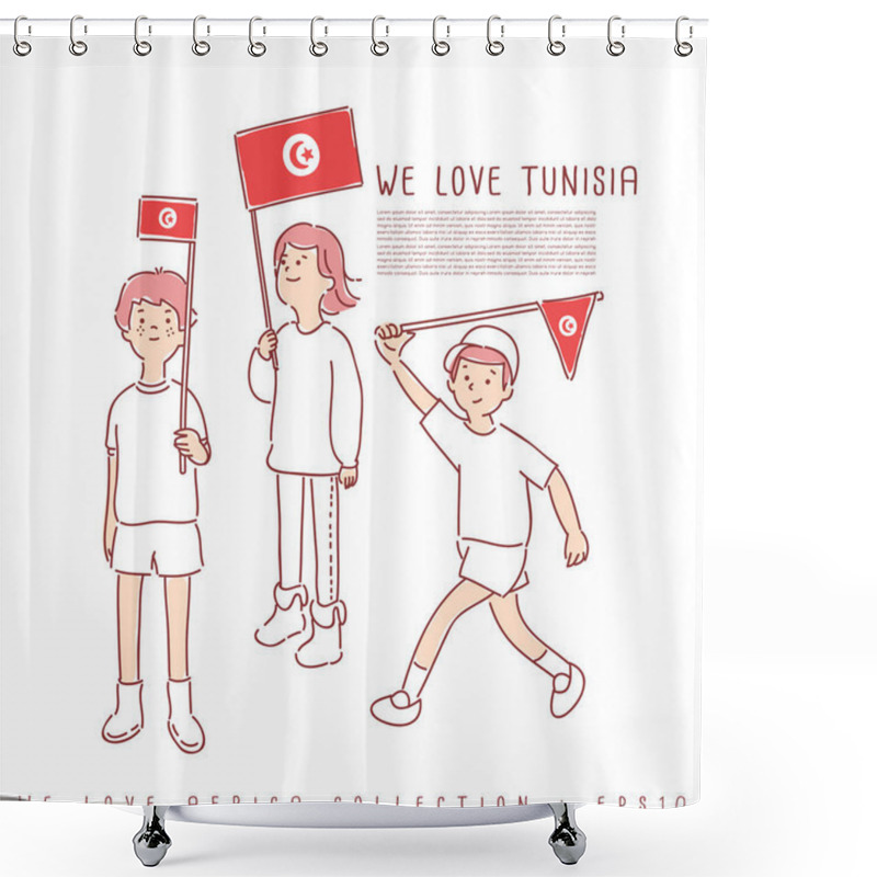 Personality  Kids Holding Flags We Love Tunisia In Red And White Colours Isolated On White Background Shower Curtains