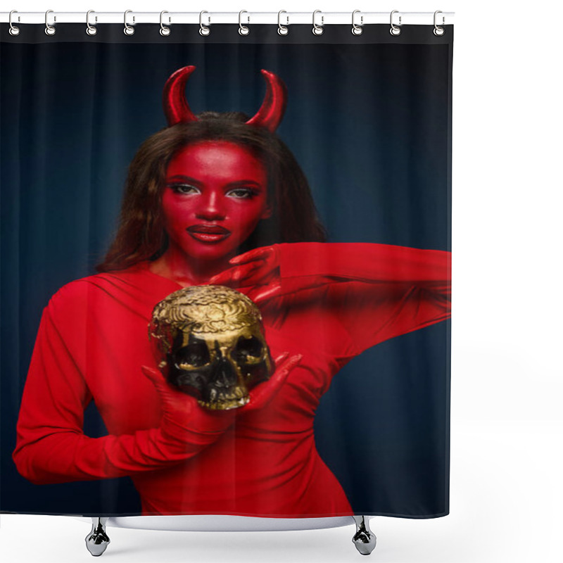 Personality  The Captivating Woman In A Red Devil Costume Poses Confidently, Clutching A Golden Skull. Shower Curtains