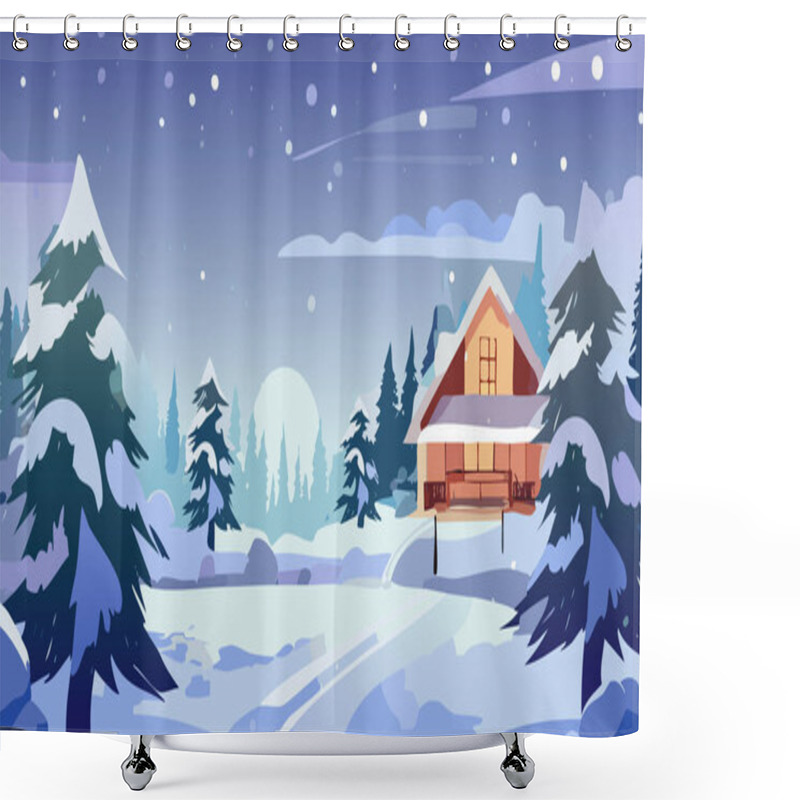 Personality  Winter Landscape With House, Trees And Snowflakes. Vector Illustration. Shower Curtains