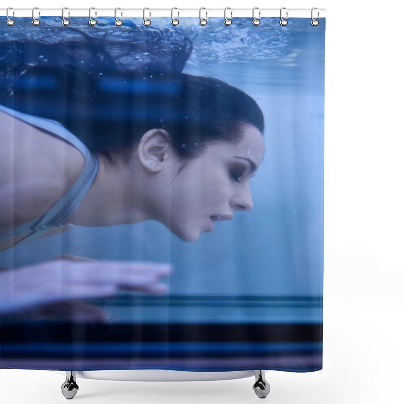 Personality  A Young Woman With Long Brunette Hair Swims Underwater, Looking Up Towards The Surface. Shower Curtains