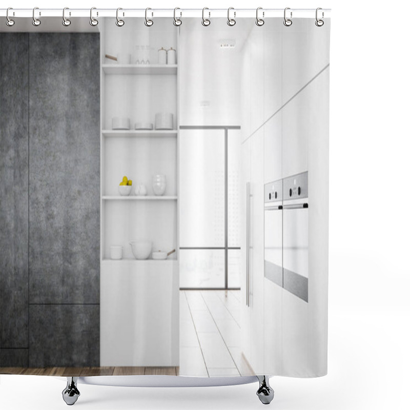 Personality  Stylish White Cupboard Standing In A Modern Kitchen Interior With A Wooden Floor And Panoramic Windows. 3d Rendering Mock Up Shower Curtains