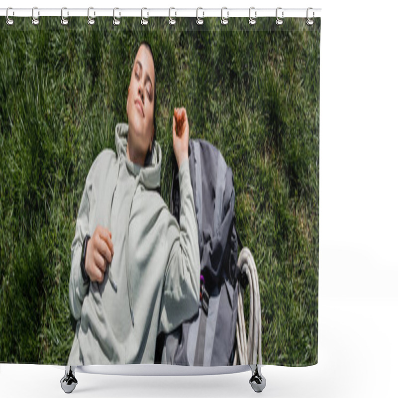 Personality  Top View Of Young Relaxed And Short Haired Female Tourist With Fitness Tracker Lying With Closed Eyes Near Backpack On Grassy Lawn, Solo Hiking Journey Concept, Banner , Summer Shower Curtains