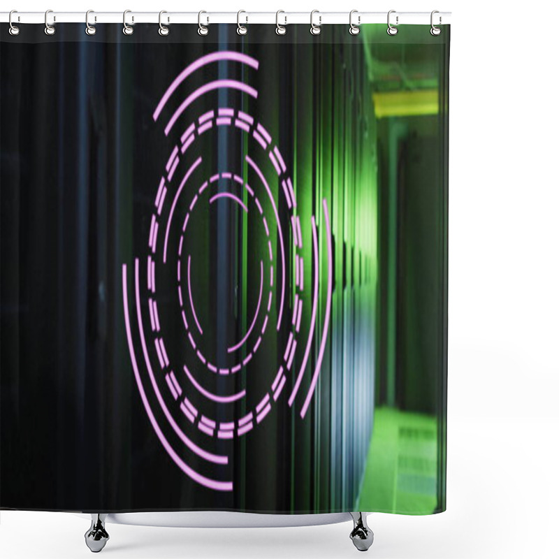 Personality  Image Of Rotating Pink Circular Scanner Processing Over Dark Server Room. Connection, Data, Processing, Digital Interface And Communication, Digitally Generated Image. Shower Curtains