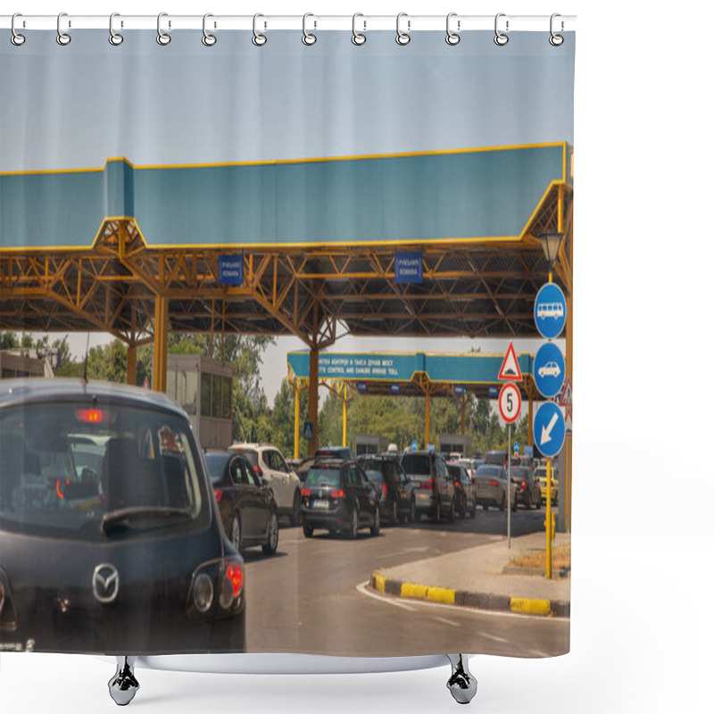 Personality  Ruse, Buylgaria - August 12, 2021: Line Of Cars Stopped At Customs Vignette Control And Danube Bridge Toll Chekpoint Crossing Of The Bulgaria - Romania State Border. Shower Curtains