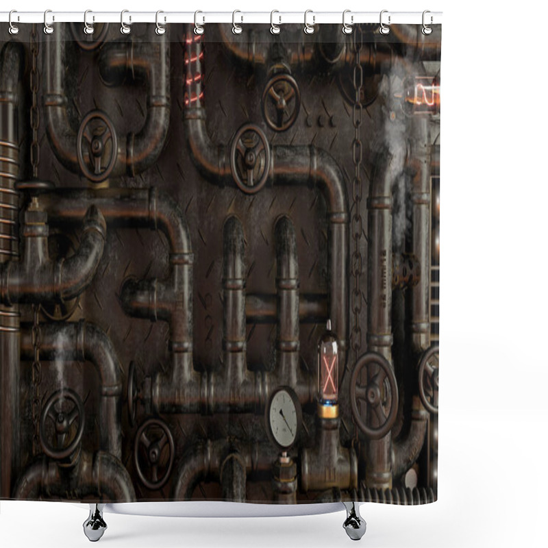 Personality  3d Illustration. Background Dark Wall Loft Steampunk Lamp From Pipes. Banner Or Mock Up. Shower Curtains