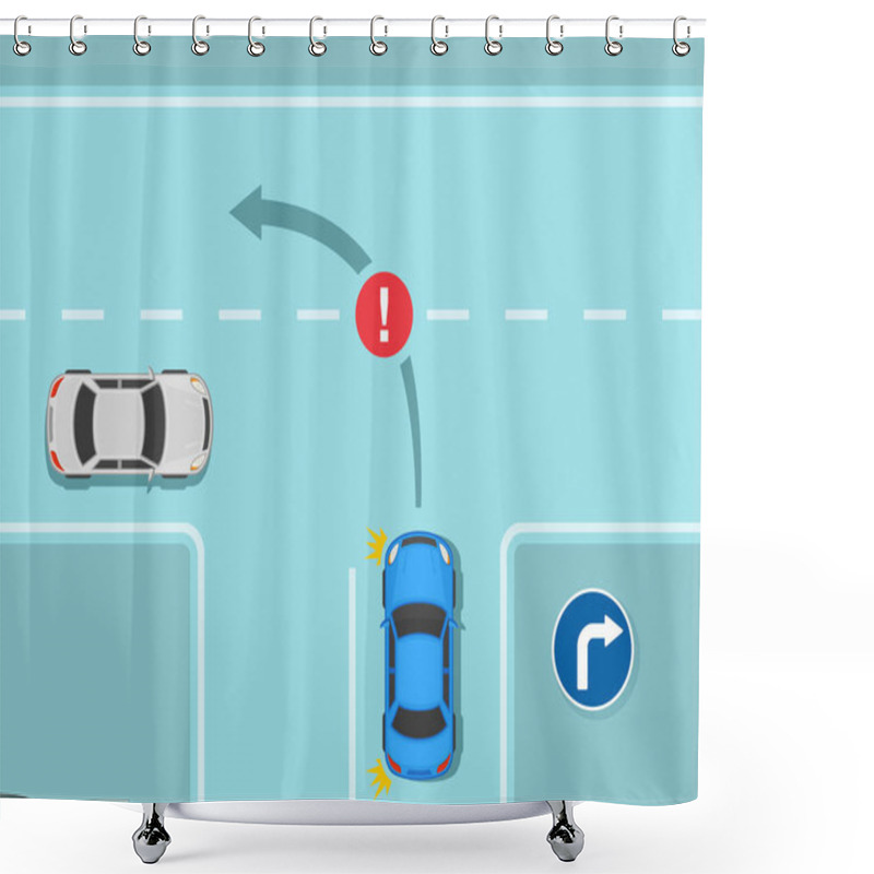 Personality  Traffic Regulating Rules And Tips. Safety Car Driving. Blue Sedan Car Is About To Make A Left Turn On A Three Way Junction With Right Turn Only Road Sign. Flat Vector Illustration Template. Shower Curtains