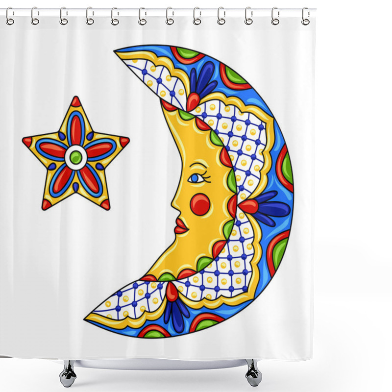 Personality  Mexican Ornamental Moon And Star. Traditional Decorative Object. Talavera Ceramic Pattern. Ethnic Folk Ornament. Shower Curtains