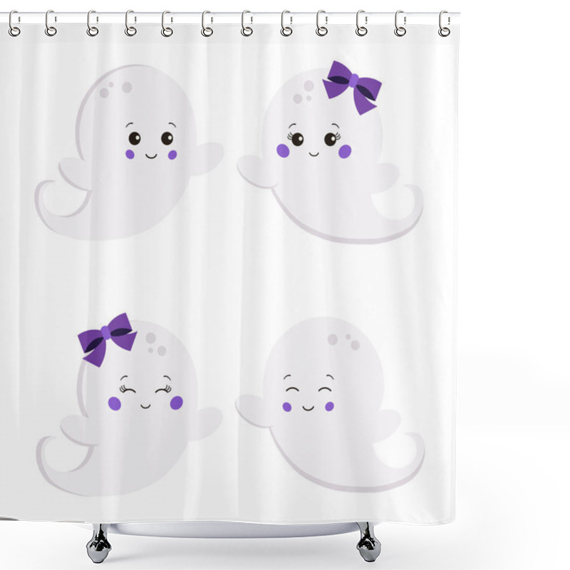 Personality  Vector Illustration Set Of Flat Cute Sweet Cartoon Smiling Boy And Girl Ghost Isolated On White Background. Flying Ghost Creepy Funny Character. Graphic Design Element For Party Happy Halloween Night. Shower Curtains