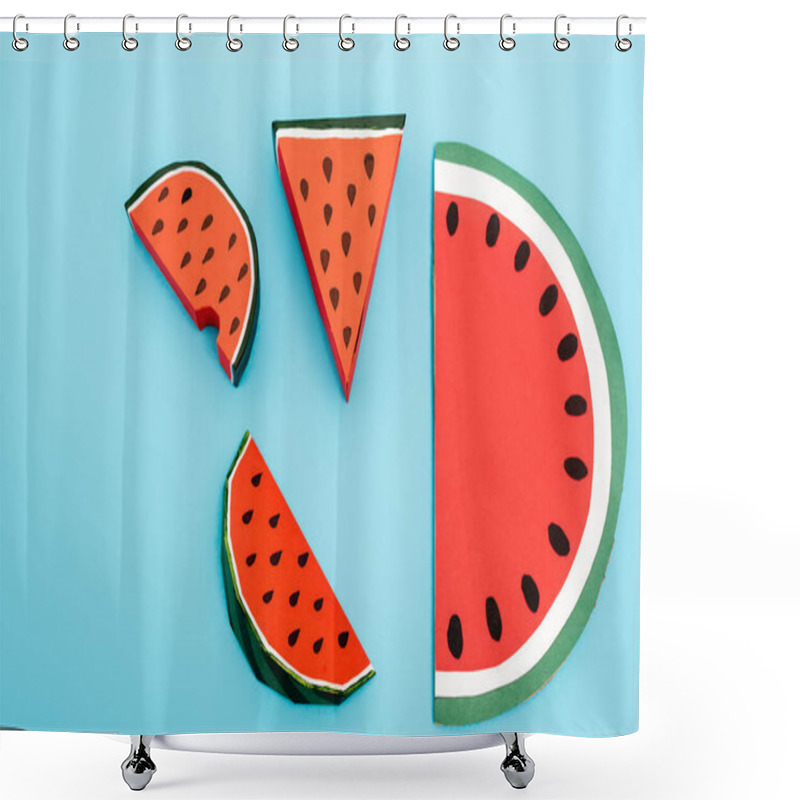 Personality  Top View Of Paper Watermelon Slices On Blue Background Shower Curtains