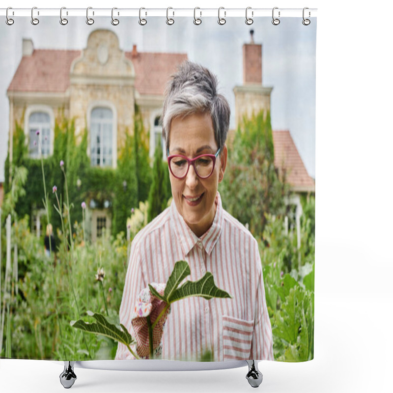 Personality  Attractive Happy Mature Woman With Glasses Working In Her Vivid Green Garden And Smiling Joyfully Shower Curtains