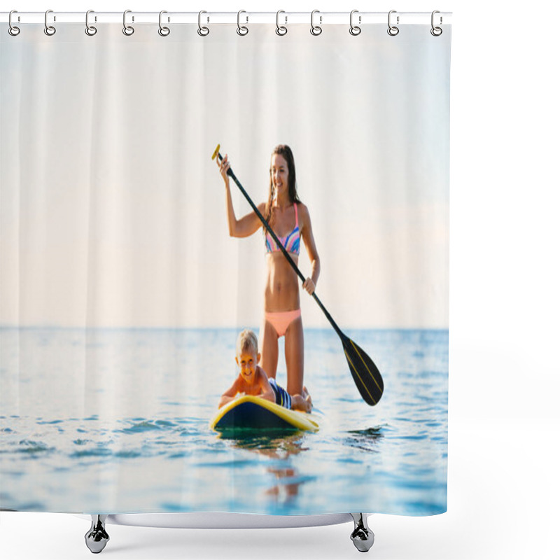 Personality  Mother And Son Stand Up Paddling Together Shower Curtains