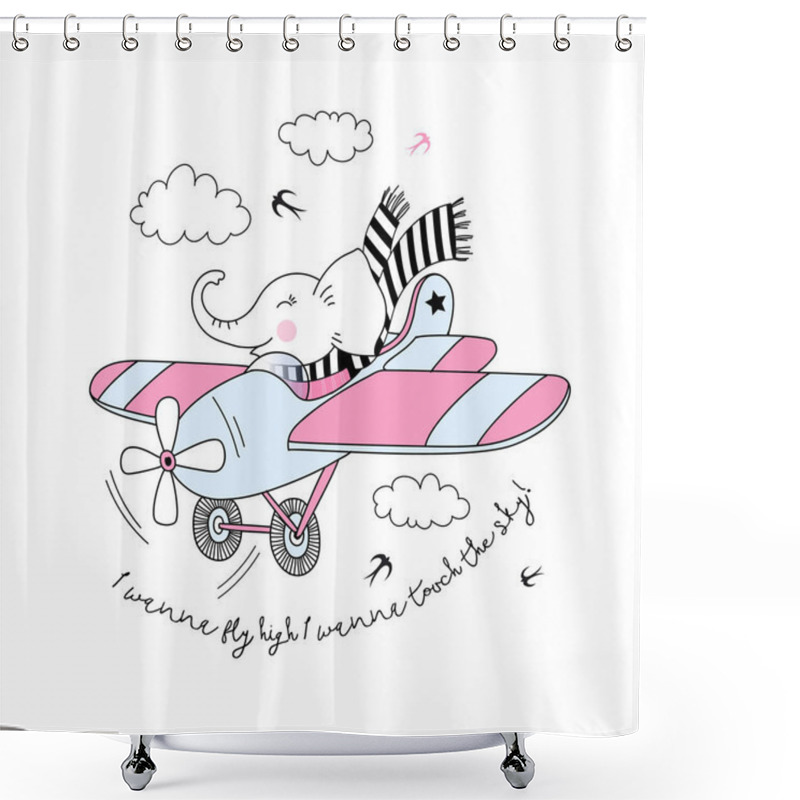 Personality  Elephant Pilot Flying Plane , Kid Illustration Shower Curtains