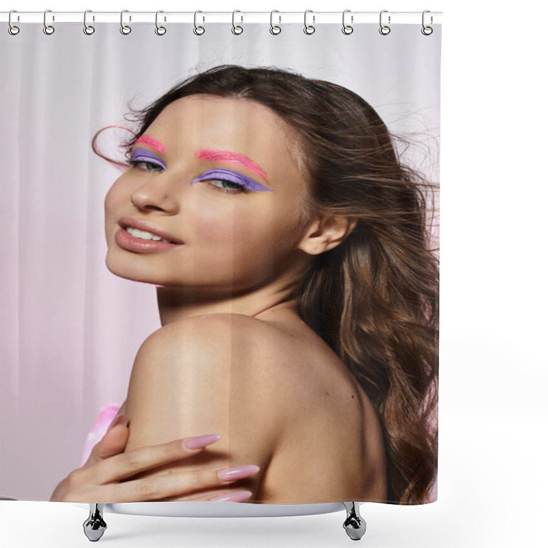 Personality  A Young Woman Shows Off Bold Purple Eyeshadow And Pink Eyebrows Against A Grey Backdrop. Shower Curtains