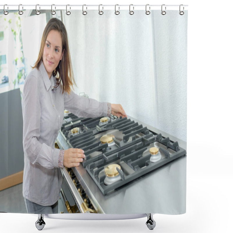 Personality  Woman Presenting Cooking Range Shower Curtains