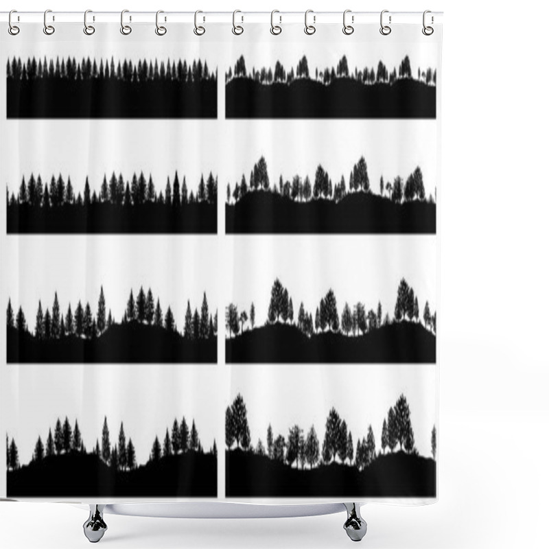 Personality  Forest Trees Silhouettes Backgrounds Illustration. Set Of Horizontal Abstract Banners Of Wood Covered Hills In Black And White. Shower Curtains