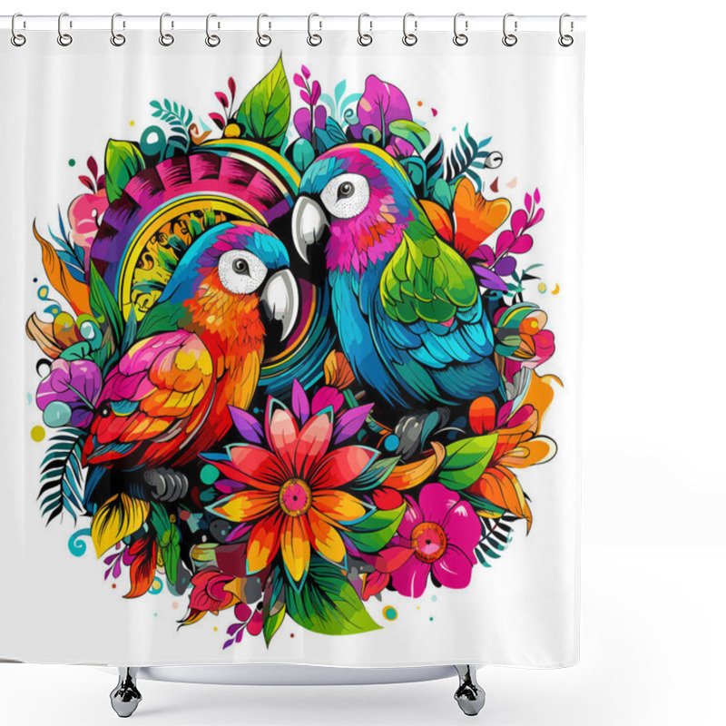 Personality  Tropical Birds Illustration. Decorative Colourful Image Of Parrots Among Bright Flowers Isolated On White Background In Eye-catching Pop Art Style. Template For T-shirt, Sticker, Etc. Shower Curtains