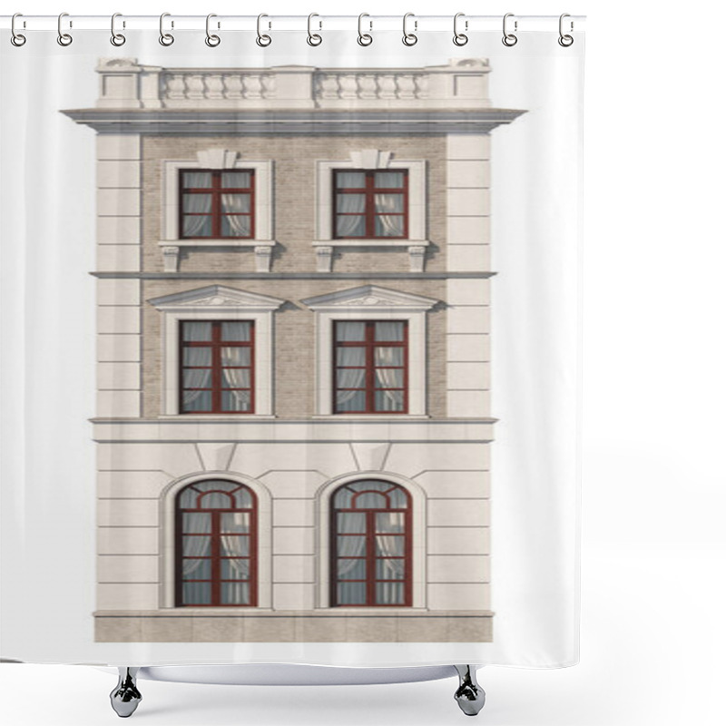 Personality  Facade Of A Three-story Classic House With Windows. 3D Rendering Shower Curtains