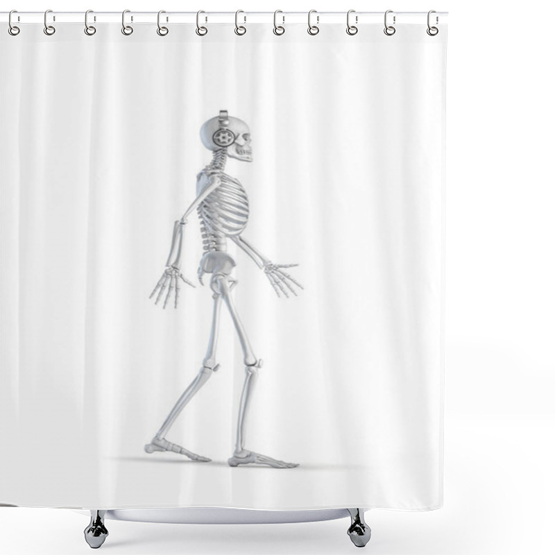 Personality  Headphone Skeleton - 3D Illustration Of Male Human Skeleton Figure Walking And Wearing Stereo Headphones Isolated On White Studio Background Shower Curtains