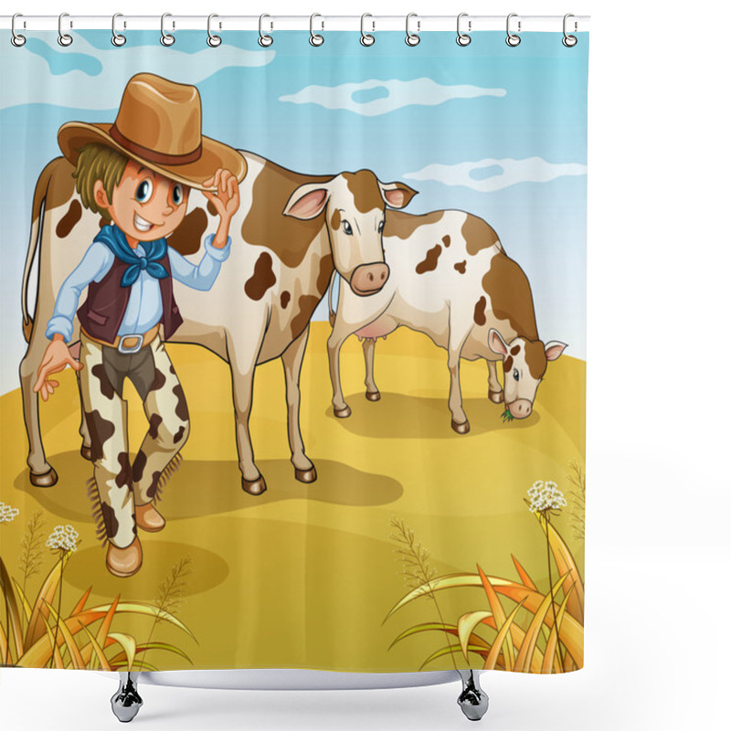 Personality  A Cowboy With Two Cows Eating Shower Curtains