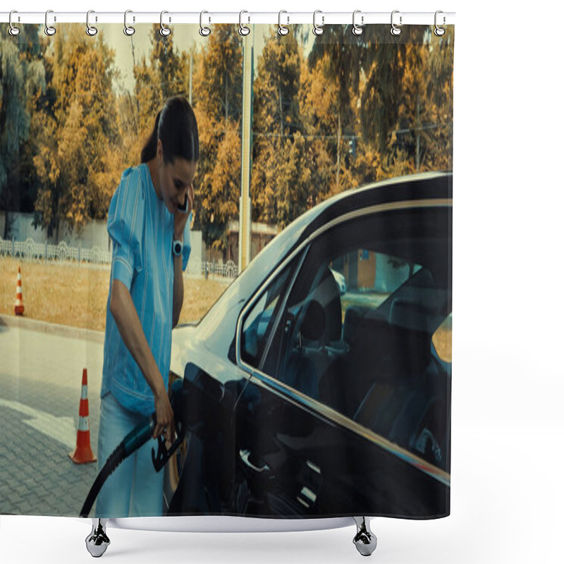 Personality  Young Woman Talking On Smartphone While Refueling Car On Gas Station Shower Curtains