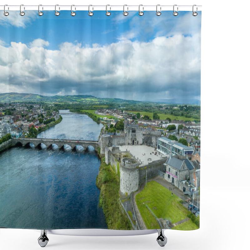 Personality  Aerial View Of Limerick City And King John's Castle On King's Island With Concentric Walls And Round Towers Along The Shannon River And Thomond Bridge Shower Curtains