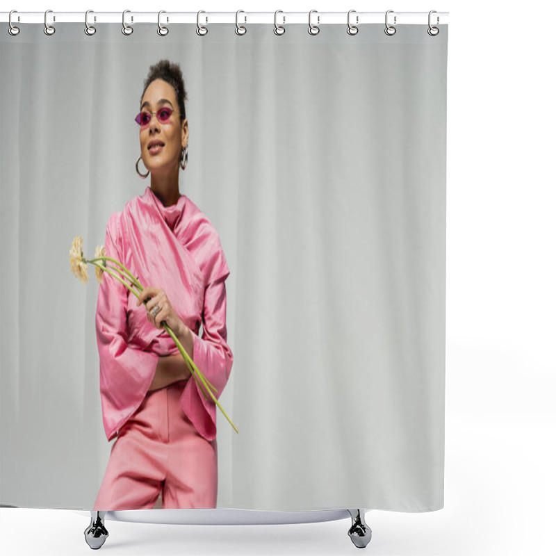 Personality  Happy African American Woman In Pink Attire And Sunglasses Holding Flowers On Grey Backdrop Shower Curtains