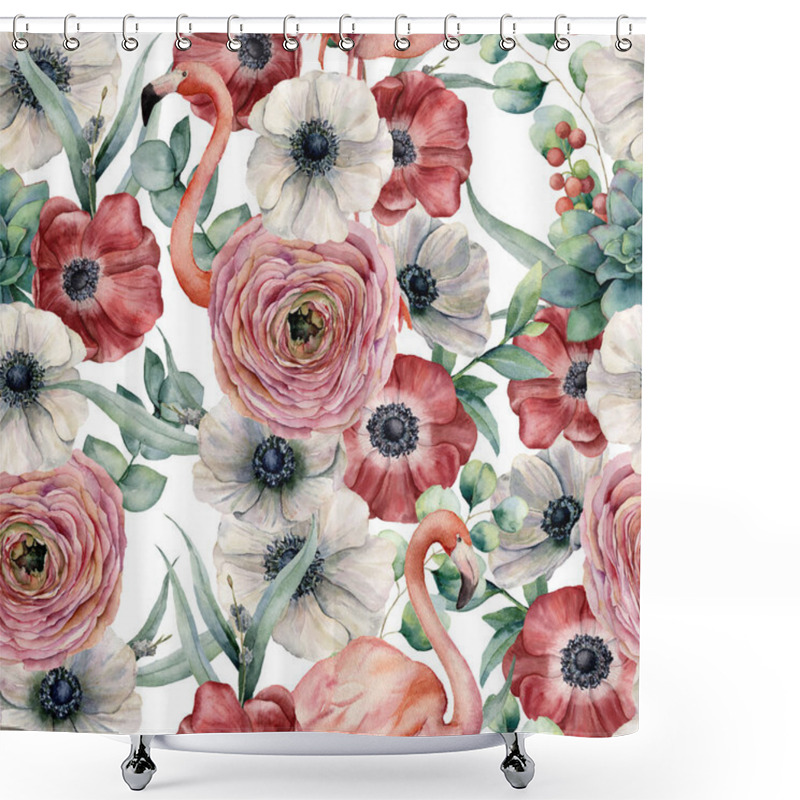 Personality  Watercolor seamless pattern with flowers and flamingo. Hand painted red and white anemone, ranunculus, eucalyptus leaves isolated on white background. Botanical print for design or print. shower curtains