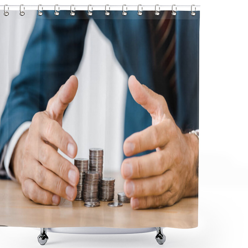 Personality  Businessman Grabbing Silver Coins At Wooden Table Shower Curtains