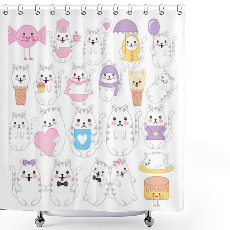 Personality  Bundle Of Cats And Emojis Kawaii Characters Shower Curtains