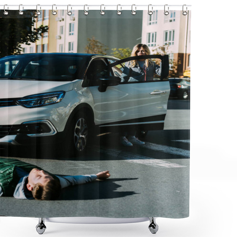 Personality  Woman Opening Car Door And Looking At Injured Man Lying On Road After Traffic Accident Shower Curtains