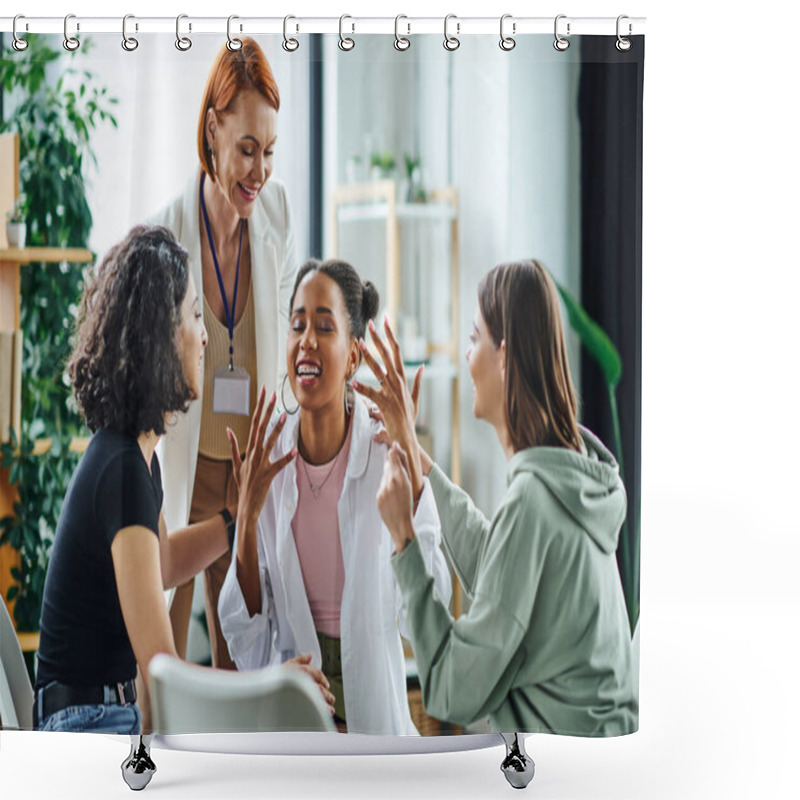 Personality  Overjoyed African American Woman Gesturing With Closed Eyes And Talking To Multiethnic Girlfriends And Motivation Coach In Consulting Room, Friendship And Mental Wellness Concept Shower Curtains