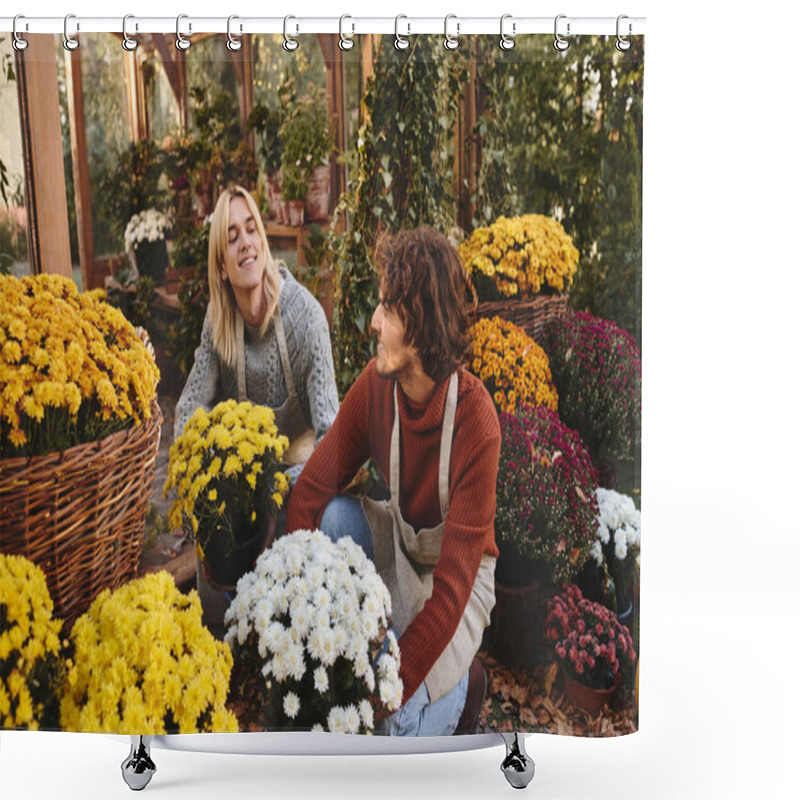 Personality  Two Young And Handsome Men Are Engaged In Arranging Vibrant Flowers In A Beautiful Garden. Shower Curtains