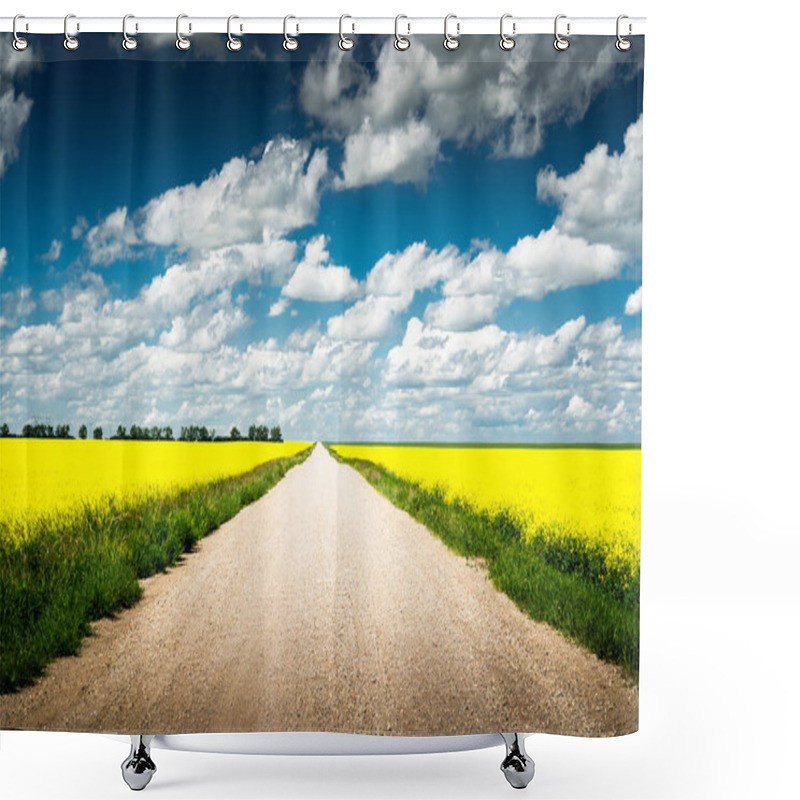 Personality  Country Road At Centre Surrounded By Blooming Yellow Canola Fields Under A Blow Sky With Puffy Clouds On The Alberta Prairies During Summer. Shower Curtains