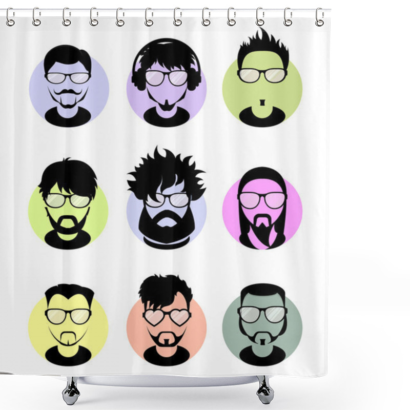 Personality  Set Avatars Profile Flat Icons, Different Characters. Trendy Beards, Glasses. Shower Curtains