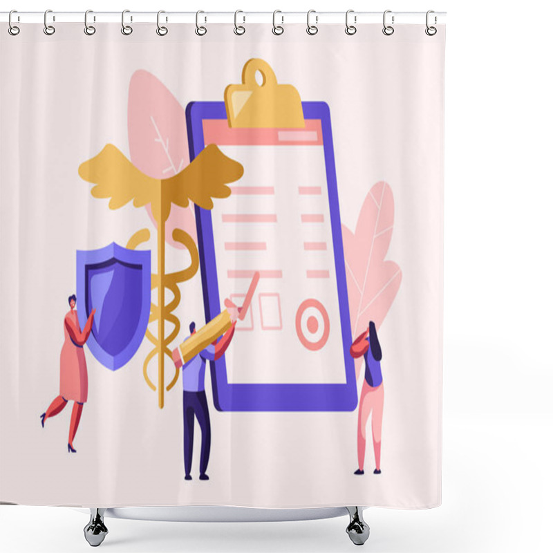 Personality  People Fill Health Form Insurance Policy Document. Woman Holding Protective Shield. Caduceus Symbol. Signing Insurance For Health Medical Protection For Life Guarantee Cartoon Flat Vector Illustration Shower Curtains