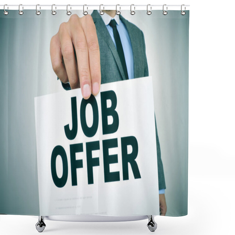 Personality  Businessman Shows A Signboard With The Text Job Offer Shower Curtains