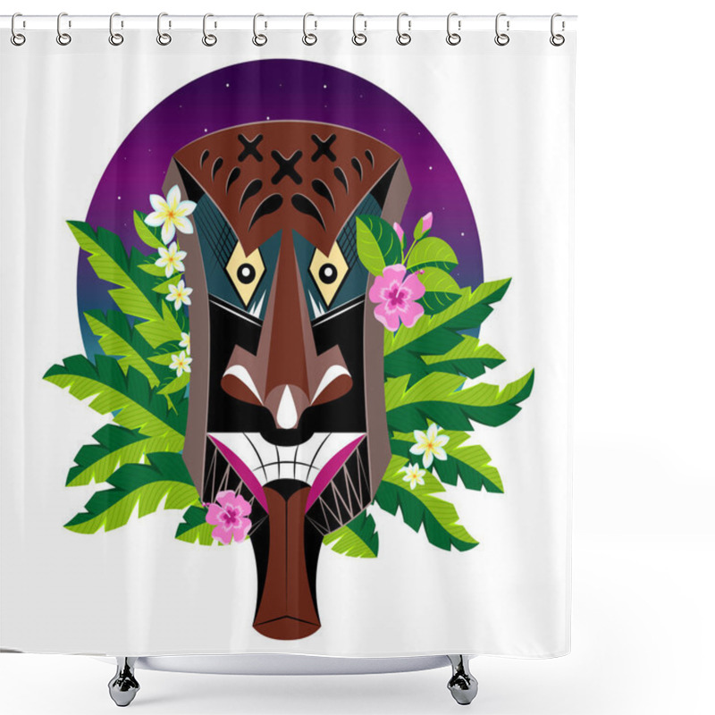 Personality  Wooden Thai Folk Mask Decorated With Geometric Patterns And Tropical Flowers. Against The Evening Sky, Vector Shower Curtains