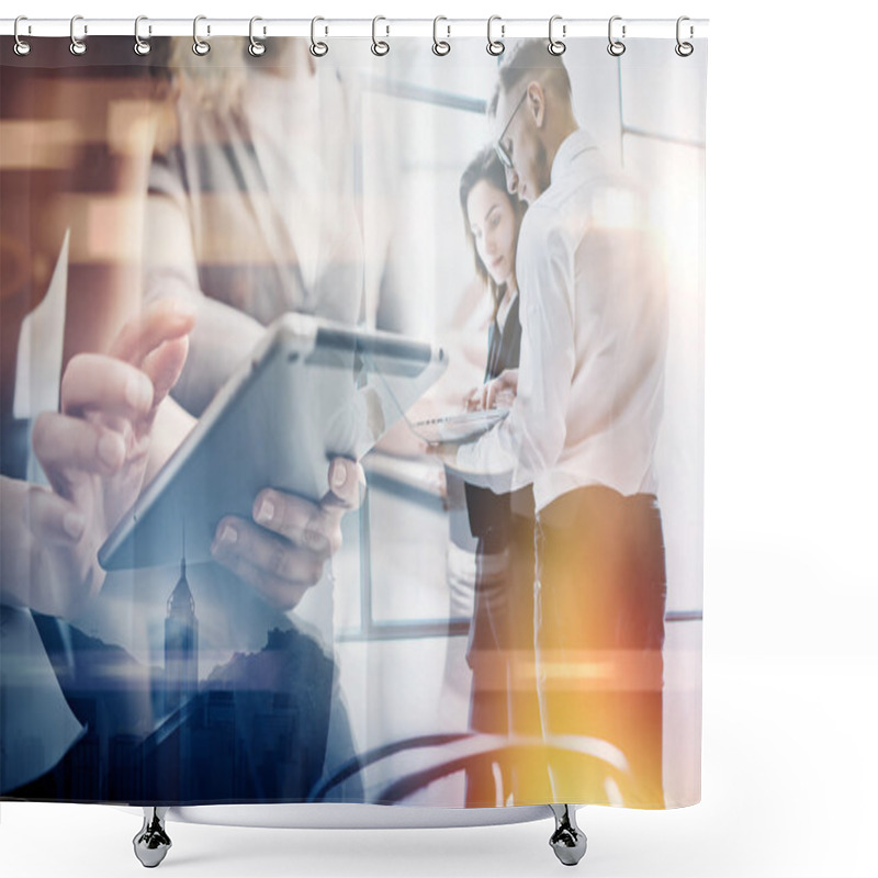 Personality  Business Team Work Process.Double Exposure Photo Professional Crew Working With New Startup Project.Investment Managers Meeting. Analyze Business Plans Laptop.Blurred,film And Bokeh Effect. Horizontal Shower Curtains