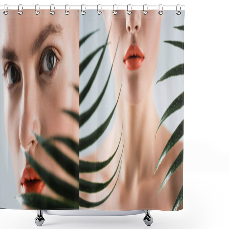 Personality  Collage Of Attractive Woman With Makeup Looking At Camera Near Palm Leaves On White  Shower Curtains