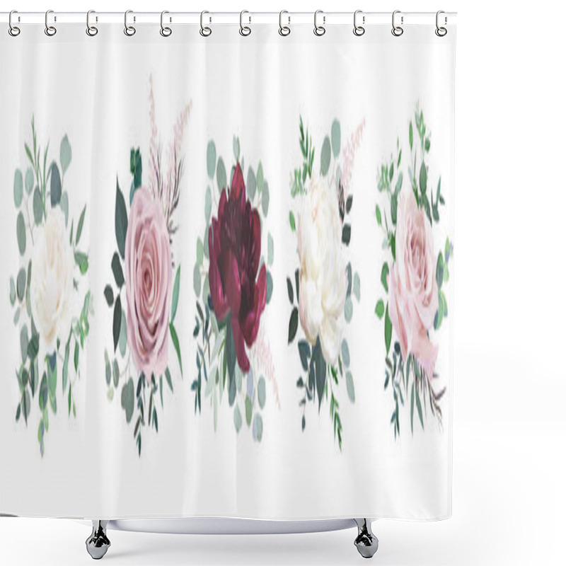 Personality  Greenery, Burgundy Red And White Peony, Blush Rose Flowers Vector Shower Curtains